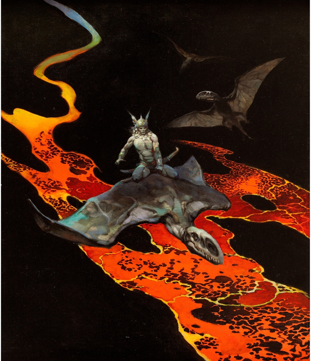 Frank Frazetta’s oil painting, “Thor’s Flight,” published on the cover of the paperback edition of Thongor in the City of Magicians by Lin Carter, sold for $155,350.