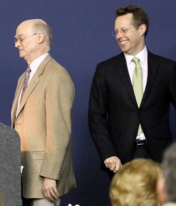 Keynote speakers David L. Barquist, left, and John Stuart Gordon mingled humor and praise in their “gentle poach” of their colleague and mentor.