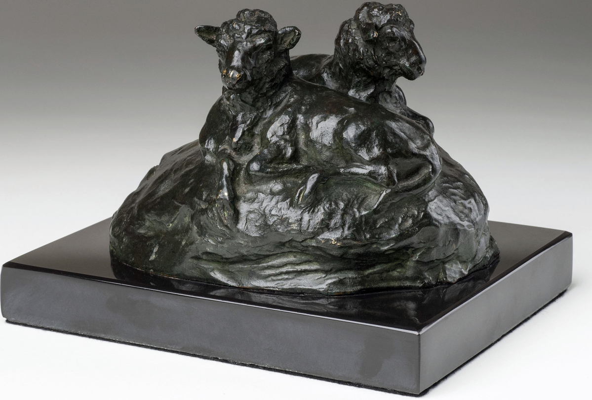 “Lambs,” circa 1921, initialed M.B, bronze, 3¾ by 6 by 4 inches. Foundry mark on bottom rim of base: P. B. u. Co Munchen / Made In Germany. Private collection.