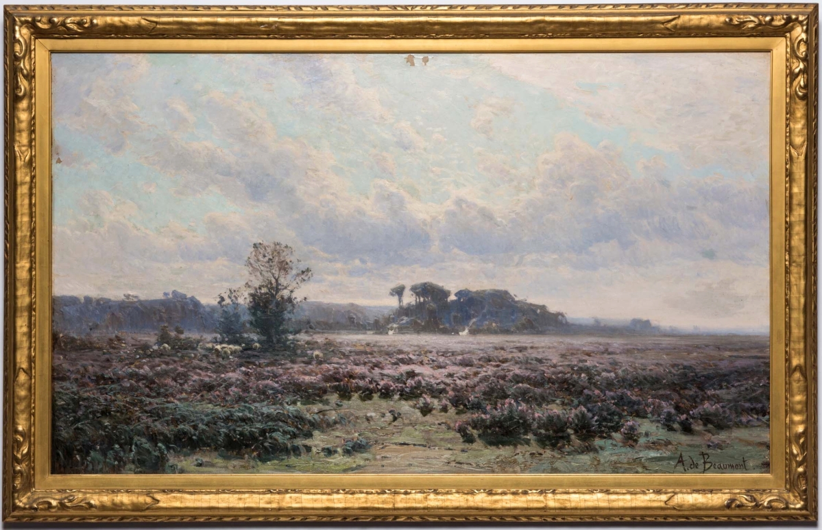 A landscape of a field of heather by A. DeBeaumont, a painter known for his use of colors, realized $9,890.