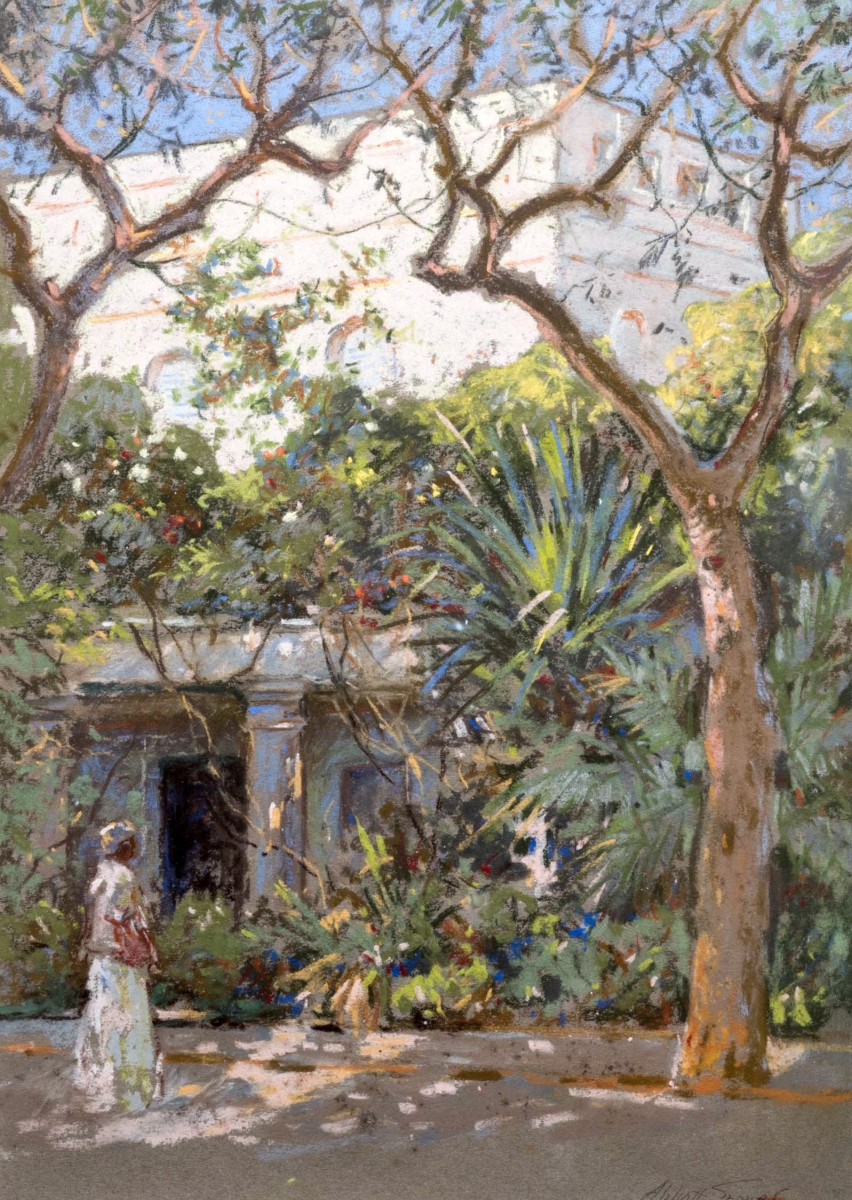 Abbott Fuller Graves impressionistic pastel of a woman in a garden looking at an entrance to a building earned $6,210.