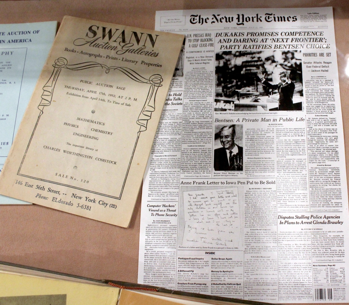 Swann made the front page of The New York Times on July 22, 1988, when it was reported that it would offer two letters from Anne Frank to an Iowan pen pal in an October 25, 1988, auction. The letters fetched $165,000.