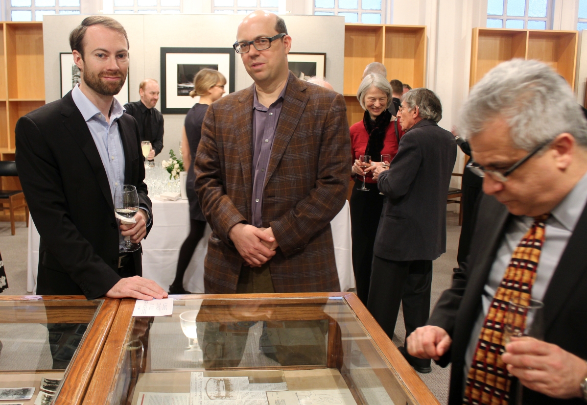 Guests were drawn to the glass showcases filled with vintage photography and memorabilia relating to Swann Galleries’ seven and half decades in business. Here Manhattan bookseller James Cummins Jr, left, and Daniel Wechsler of Sanctuary Books confer.