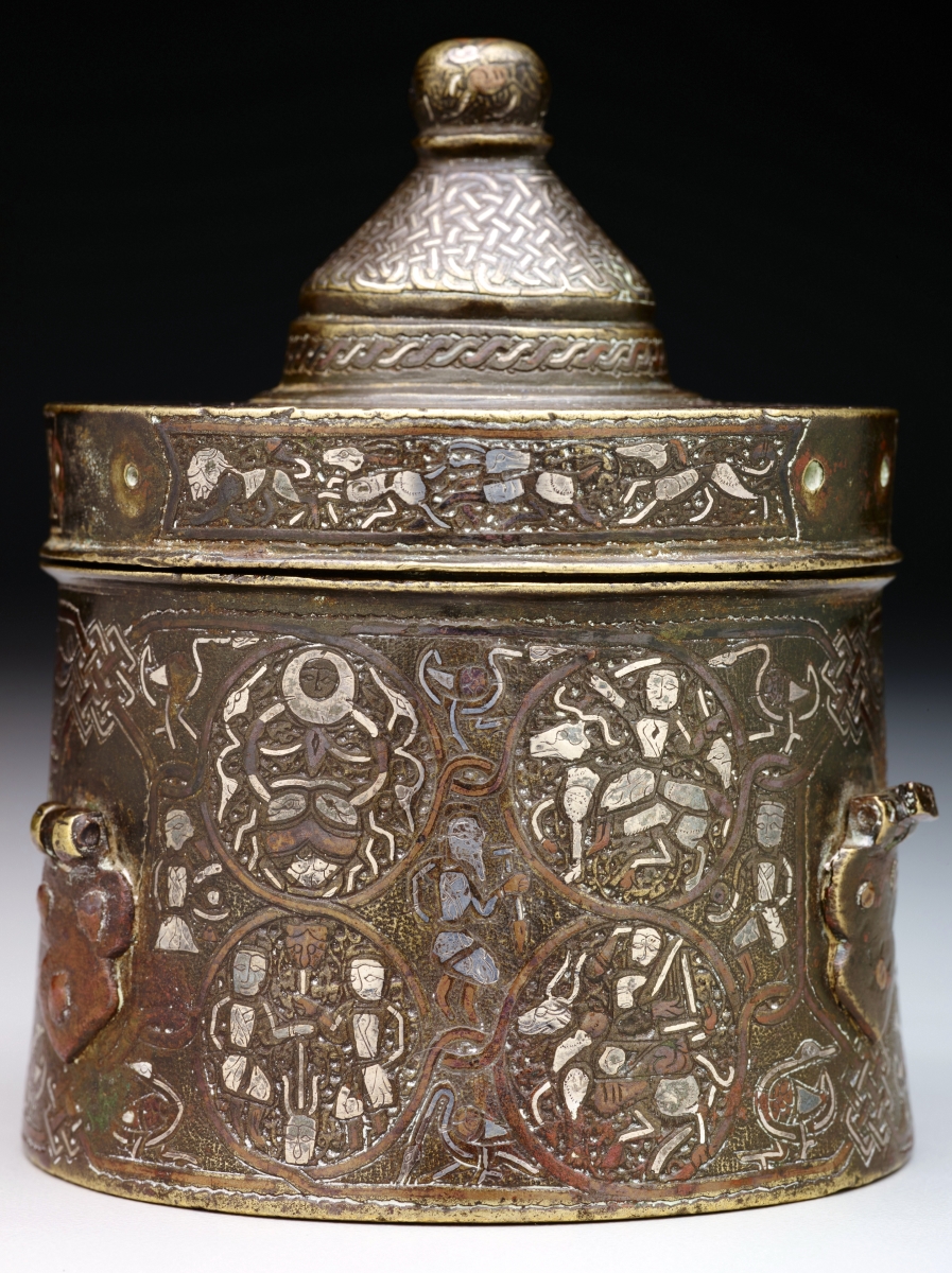 Inkwell, Iran, late Twelfth–early Thirteenth Century, bronze inlaid with silver and copper, overall: 4½ by 3-  by 3¼ inches.
