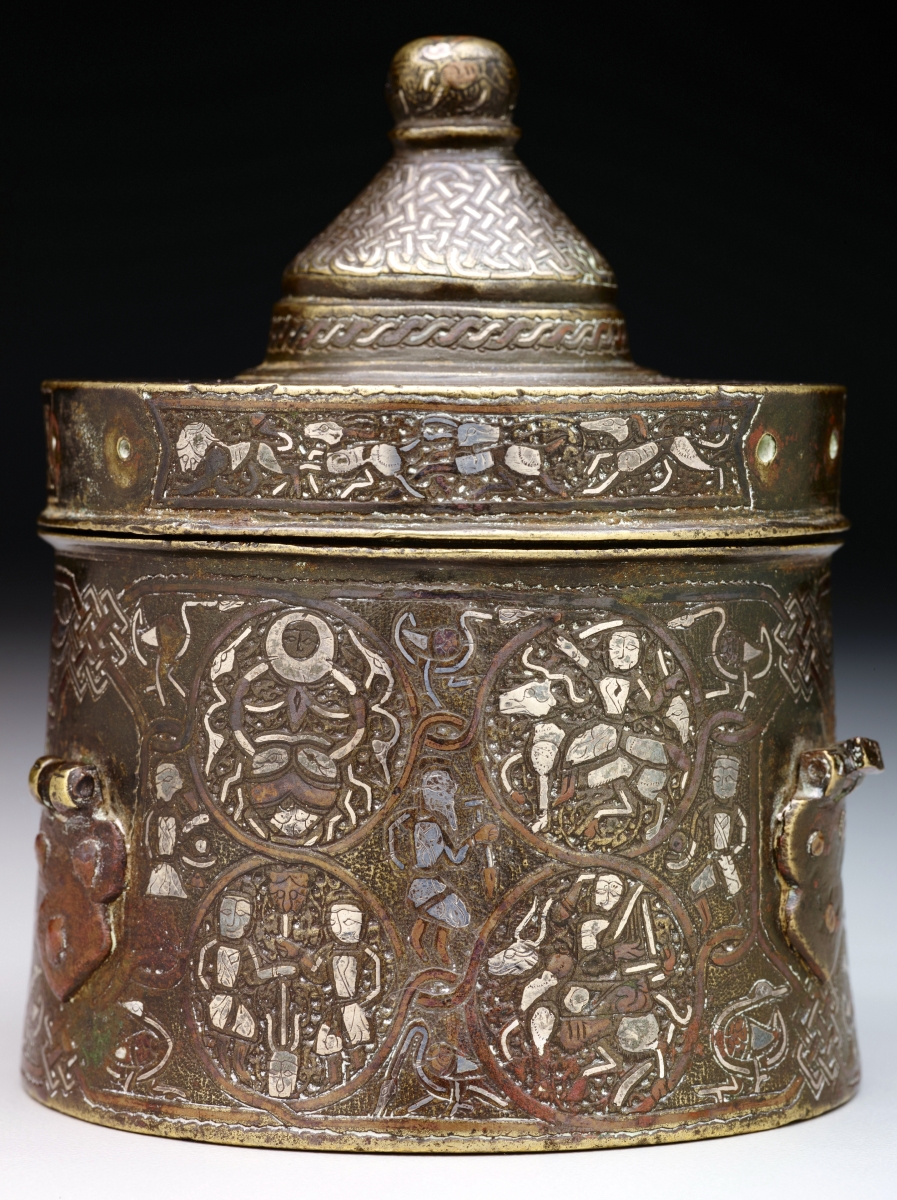Inkwell, Iran, late Twelfth–early Thirteenth Century, bronze inlaid with silver and copper, overall: 4½ by 3- by 3¼ inches.