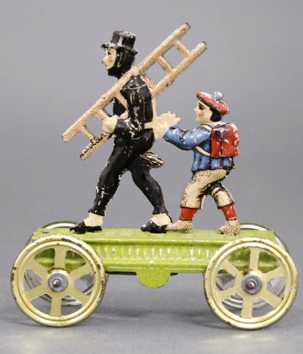 A popular penny toy was Chimney Sweep and Apprentice, by J.P. Meier Co., Germany, tin, circa 1900, that was formerly in the Pressland collection. In mint condition, it sold to a phone bidder for $8,400, almost double the high estimate.