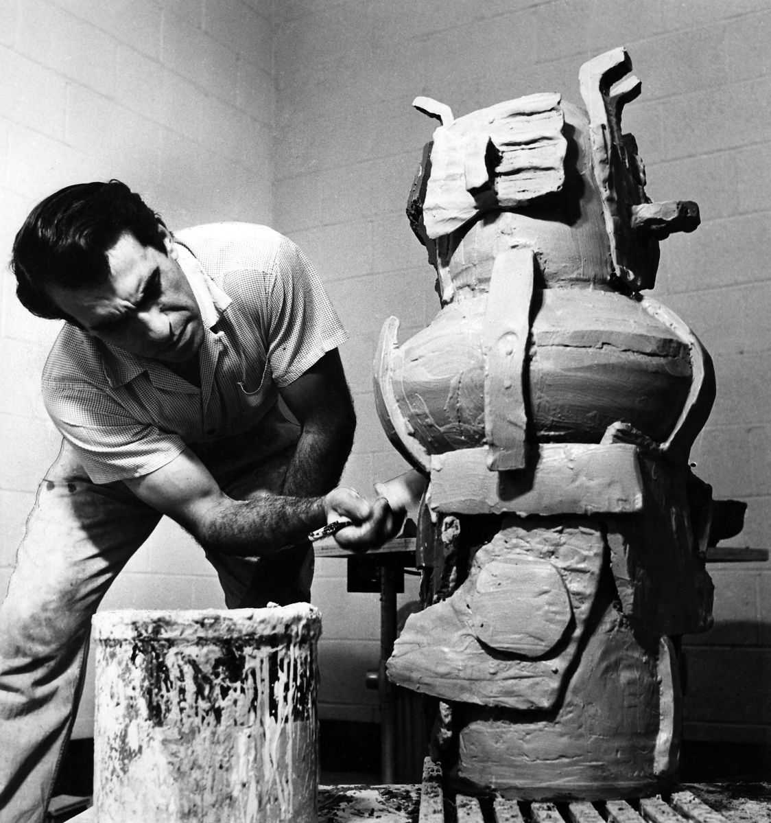 Peter Voulkos working on an untitled piece in Glendale studio, 1956. —Oppi Untracht photo, courtesy of the Voulkos & Co. Catalogue Project.