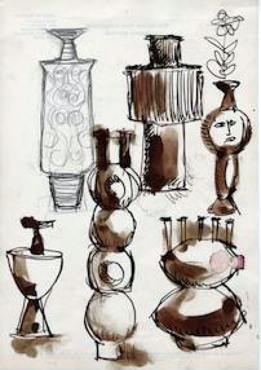Peter Voulkos drawing, not dated, ink on Archie Bray Foundation letterhead stationary. Collection of Pier Voulkos.