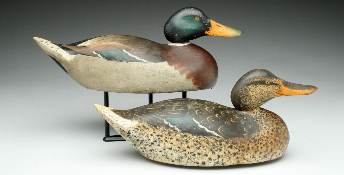 A rigmate pair of slope breasted mallards, circa 1890s, from the Mason Decoy Factory, Detroit, changed hands at $46,000.