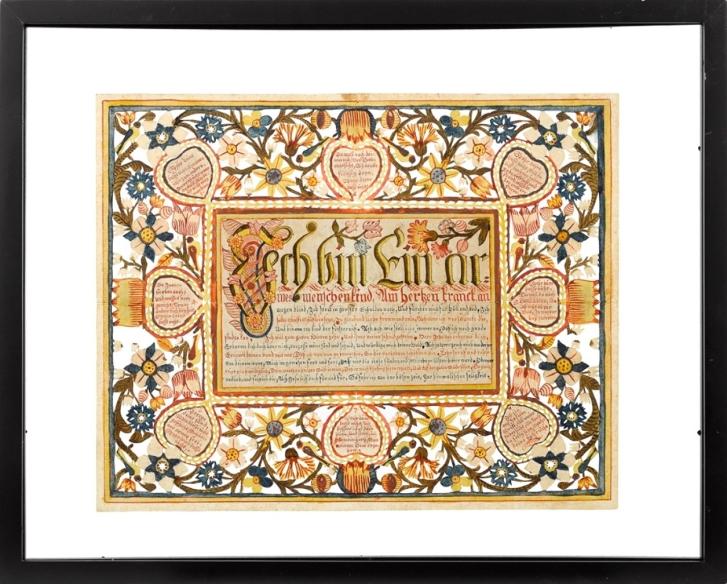 Scherenschnitte fraktur by Jacob Botz, Lancaster, Penn., active 1775–90, ink and watercolor on paper, 12 by 15 inches, $67,100. A similar work by Botz is in the collection of the Free Library of Philadelphia.