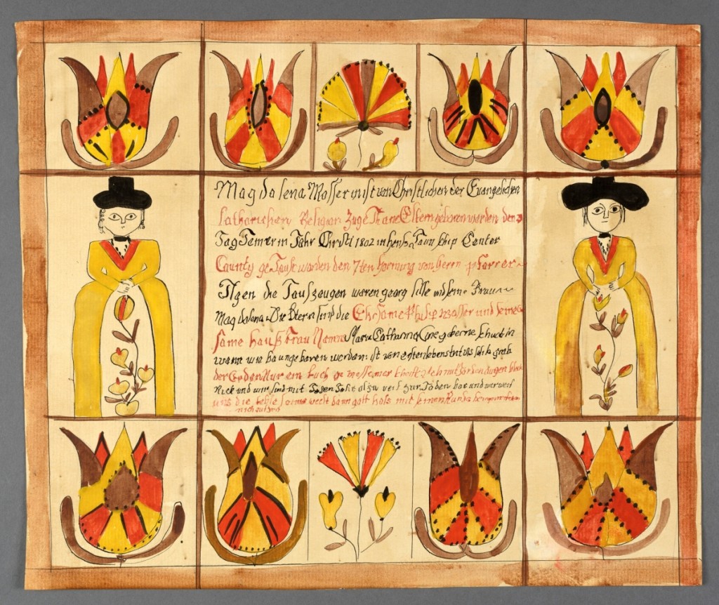 Fake fraktur, maker unknown, circa 1975. Winterthur Museum, gift of Christopher Rebollo.