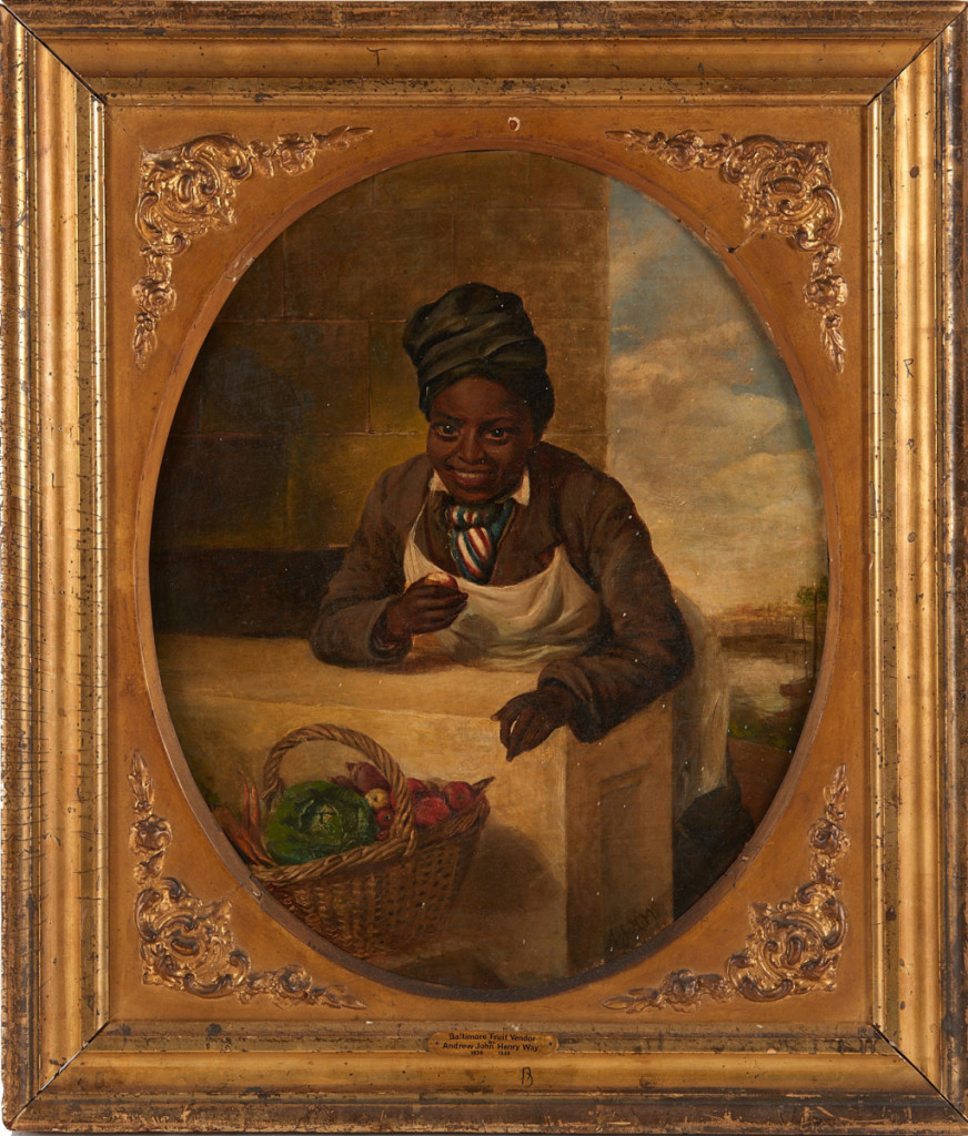 The top lot from the Palmetto Hall: Jay P. Altmayer Family Collection was Andrew John Henry Way’s oil on canvas “Baltimore Fruit Vendor,” going for $50,400.