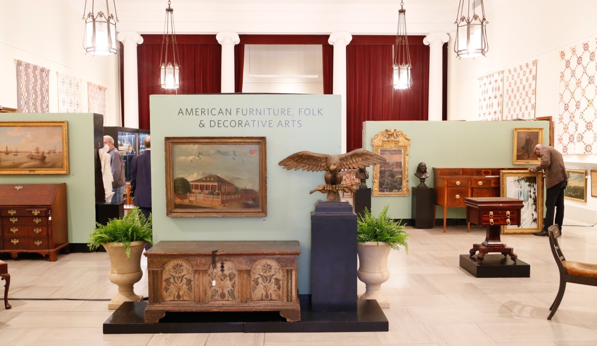 The exhibition room in Freeman’s historic 200-year-old gallery on Chestnut Street provides an apt backdrop for early American fine art and decorative arts.