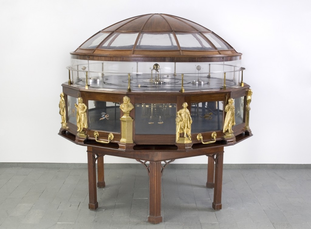 Joseph Pope, with the possible assistance of Simeon Skillin and Paul Revere, Grand Orrery, 1776–87; mahogany, brass, bronze, reverse-painted glass and ivory, with dome perhaps added later, in the early Nineteenth Century. Collection of Historical Scientific Instruments, Harvard University. Photo courtesy the Collection of Historical Scientific Instruments, ©President and Fellows of Harvard College.