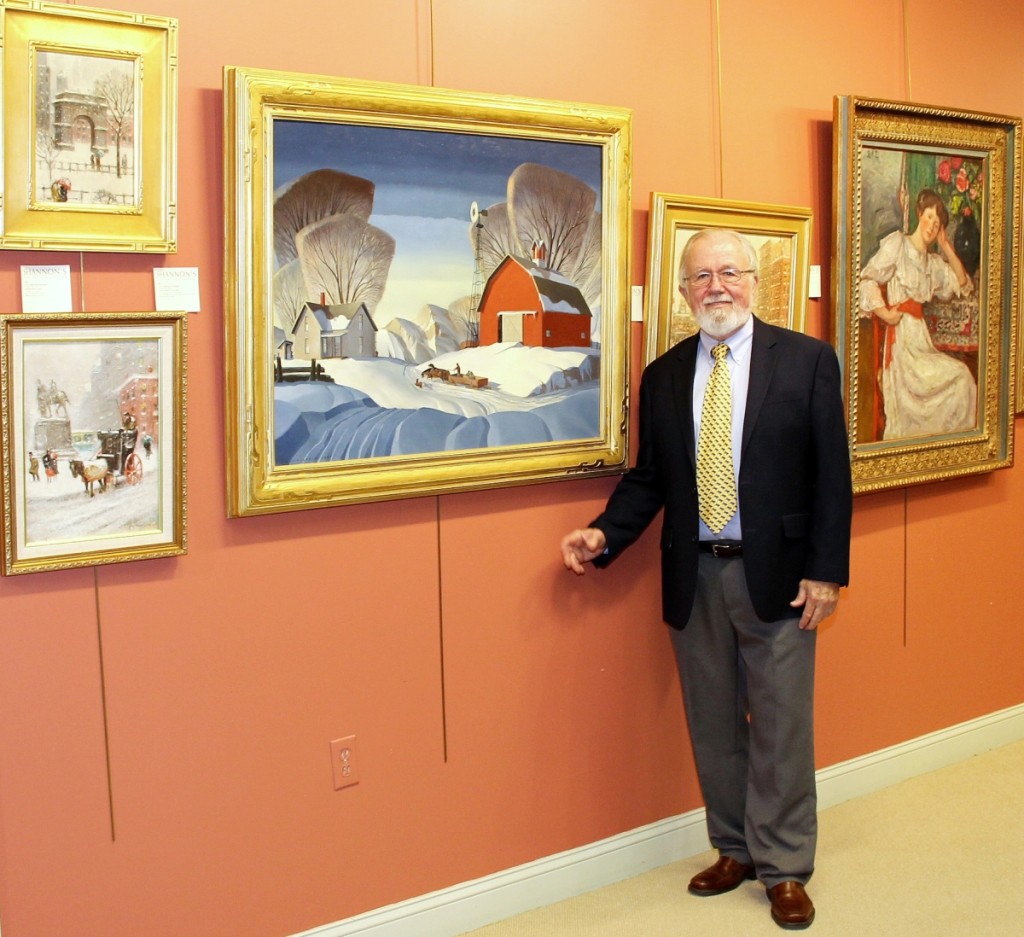 Gene Shannon with the sale’s cover lot, “Mid-Nation Winter” by Dale Nichols (1904–1995). The painting by the Nebraska-born artist and illustrator brought $120,000, a record at auction. Left, oil on canvas board paintings by Guy C. Wiggins (1883–1962) included “Washington Square,” $9,000 ($10/15,000) and “Snow Storm at The Plaza,” $14,400 ($8/12,000). “Le Repos” by Georges D’Espagnat (1870–1950) passed at $40/60,000.