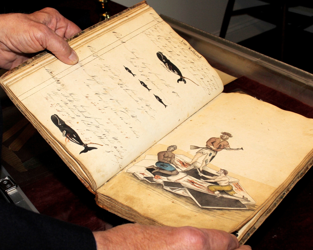 The talented watercolorist John F. Martin depicted a diverse crew at work aboard the Lucy Ann in the journal he kept for Captain Henry King. Private collection.