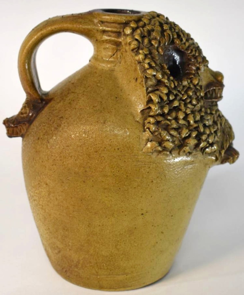 An exceptional stoneware presentation jug with a heavily molded lion's face and a molded serpent handle fetched $17,600 a few days after the auction. Incised on the handle was "Trader Thompson," which may, according to the catalog, be a reference to David Thompson, who accompanied the Lewis and Clark expedition and is known to have operated two trading posts.