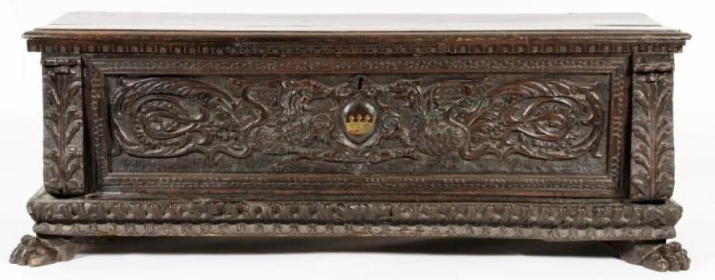 This Sixteenth Century, Italian, walnut cassone, having a central carved cartouche with a crown flanked by two dragons, and gadrooned edges and paw feet, fetched $6,562. It came out of the historic Astor Courts Beaux Arts building in Rhinebeck, N.Y.