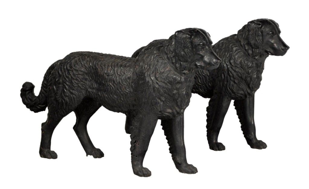 Pair of Newfoundland dog garden figures, Wood and Perot, Philadelphia, circa 1857–78, cast-iron, 36 by 65 inches, $56,120. These are the only pair known. They retain an excellent painted surface.