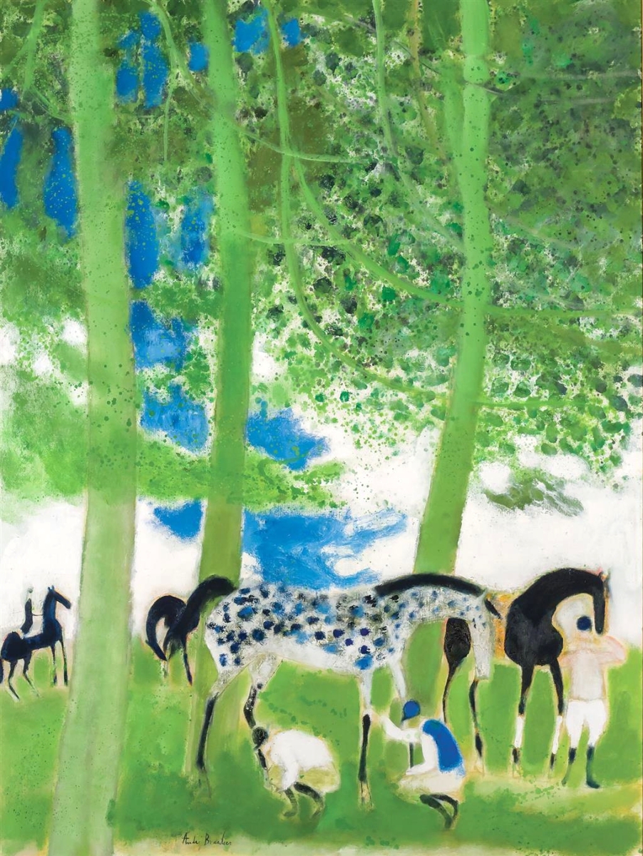 “Cavaliers sous les branches a fere en tardenois” by Andre Brasilier (French, b 1929), 1970, oil on canvas, 38½ by 51 inches, $78,000 ($40/60,000).