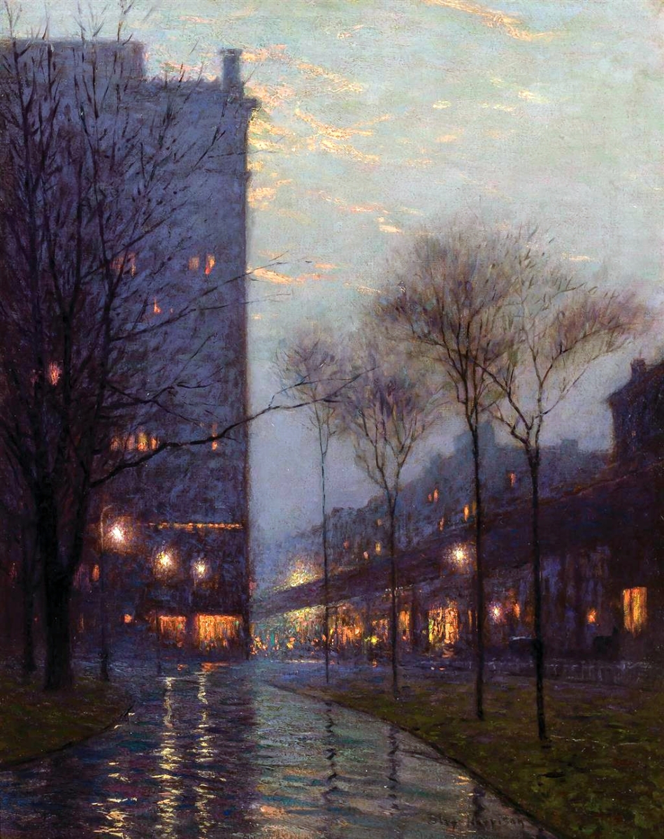 “Bryant Park at Evening, New York” by Birge Harrison (1854–1929), oil on canvas, 30 by 24 inches, $60,000 ($60/80,000).