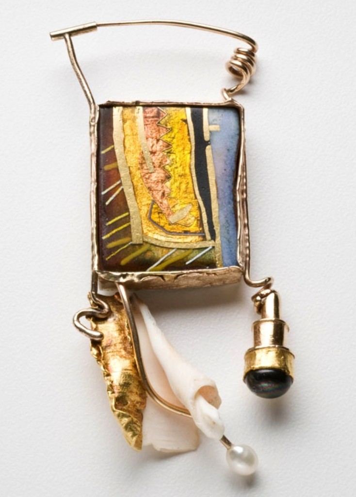 A gold and enamel brooch by William Harper, an American artist known for his jewelry in abstract and organic forms. This piece is made in gold and is highlighted by its enamel design with shell and pearl accents.