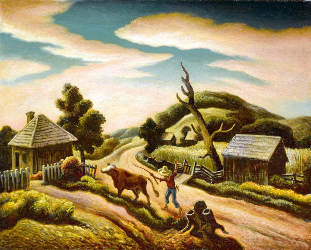 Fetching $1,152,500 from a private collector was Thomas Hart Benton’s “Across the Curve of the Road,” circa 1938, oil and tempera on canvas mounted on panel. —Sotheby’s