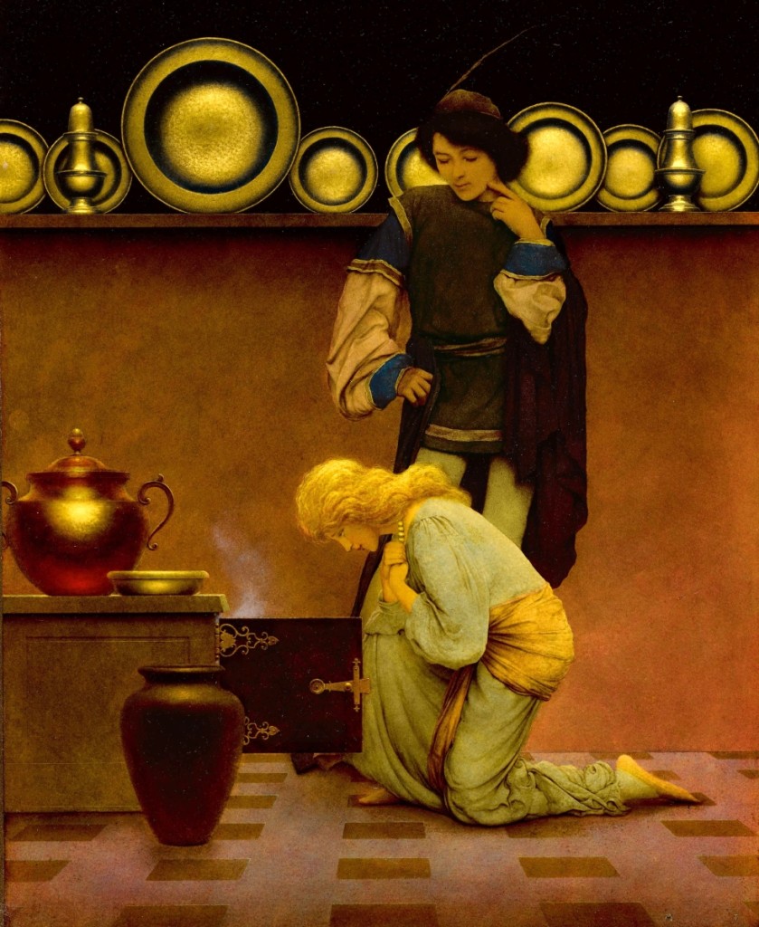 Maxfield Parrish contributed “Lady Violetta and the Knave,” 1924, oil on board, which went out at $1,092,500. —Sotheby’s