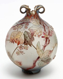 Ian Simmonds showed this “Royal Flemish” vase with cut rim decorated with Blackberry Bead design, Mount Washington Glass Co. New Bedford, Mass., 1893–95.