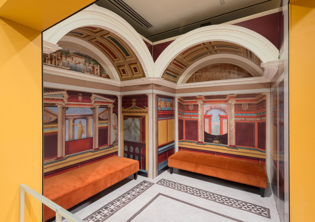 Reconstruction of cubiculum, as installed at the Smith College Museum of Art by Tim Lydell, 2017. Visitors to the exhibition can sit and linger in this digitally reconstructed room while listening to trickling water and voices speaking Latin. —S. Petegorsky photo