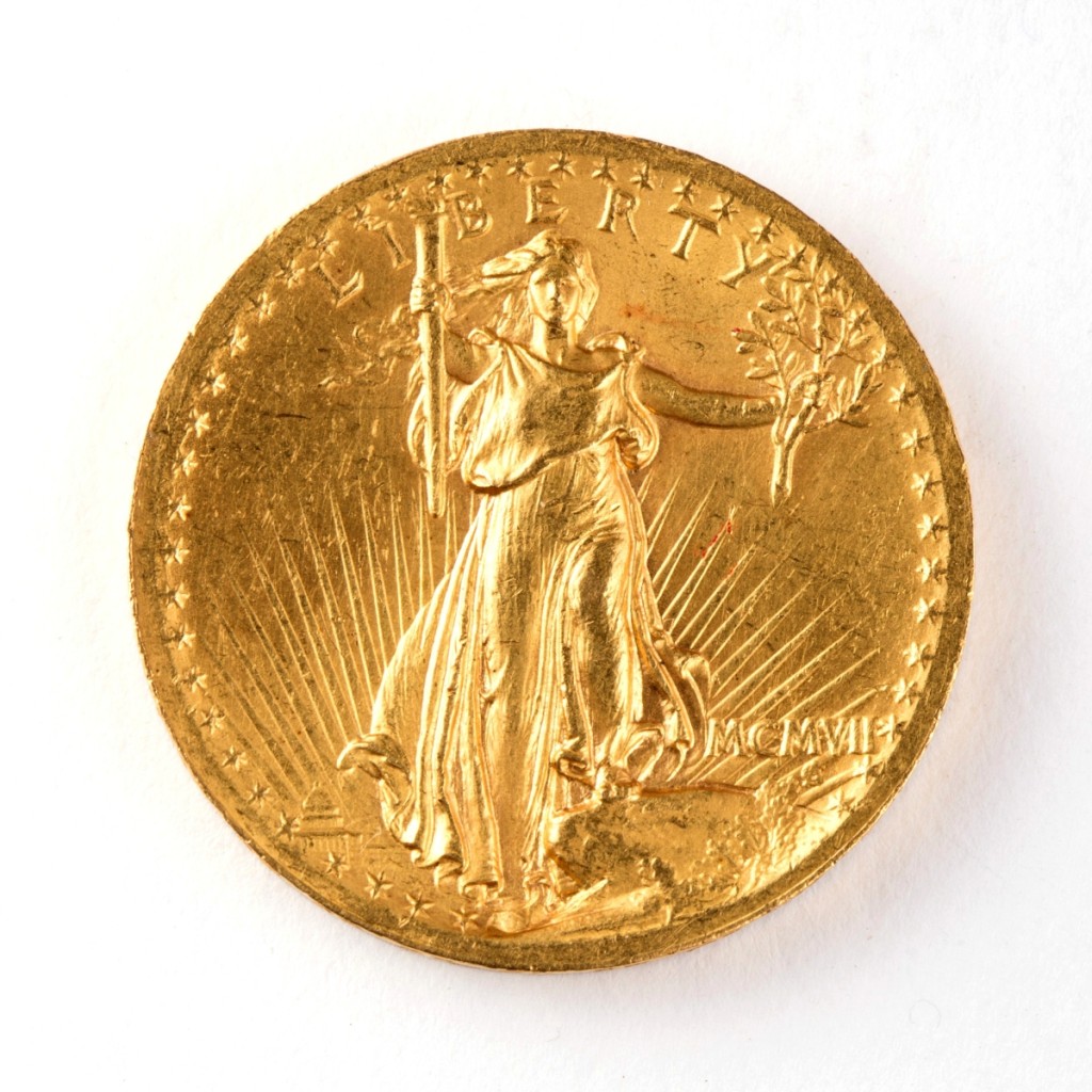 The first day of the two-day auction started out strong with this high-relief St Gaudens $20, wire-rim, gold coin nearly tripling its high estimate to achieve $16,380. The coin came out of a Frederick, Md., collection. A collection inventory possibly compiled in the 1910s records the purchase price of many of the coins on offer in this auction. Other top-selling St Gaudens coins offered were made later, with 1924 and 1926 examples bringing about $1,2/1,500 each.