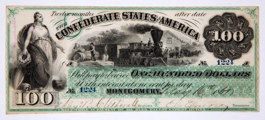A Confederate States $100 Civil War currency note ($ ,000), dated May 16, 1861, went out at $24,570.