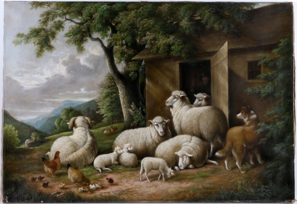 A Susan Catherine Moore Waters oil on canvas landscape, very luminous and impressive in scale, depicts a busy farm yard with ram, ewes, lambs, chickens and chicks, a watch dog and a bearded farmer holding a pitchfork with mountains in the background. Unframed, the circa 1870 painting easily bested its $ ,000 estimate to bring $21,060.