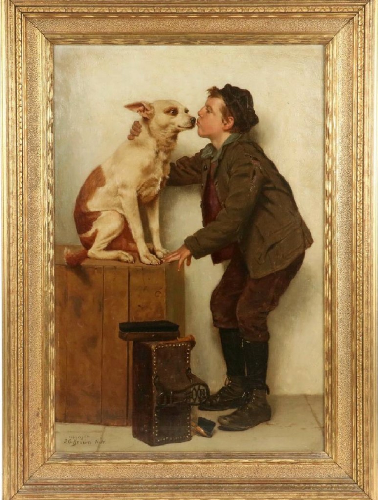 John George Brown was best known for his paintings of adolescent children on the streets of New York. “The Boot Black’s New Best Friend” was an example of that genre and it achieved $22,230.