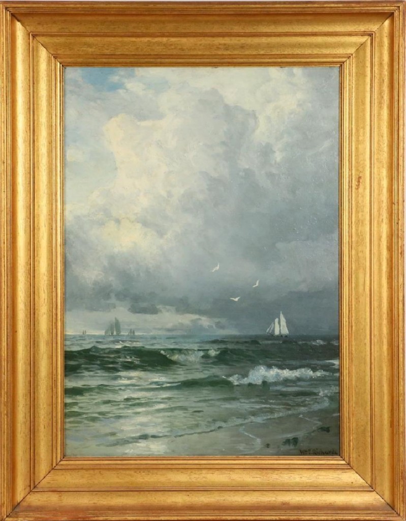 William Trost Richards was best known for his marine scenes. This one, depicting a stormy sky, chopping sea and schooners, realized $32,175. Another by the artist, “The Old Fort” in Jamestown, R.I., reached $20,475.