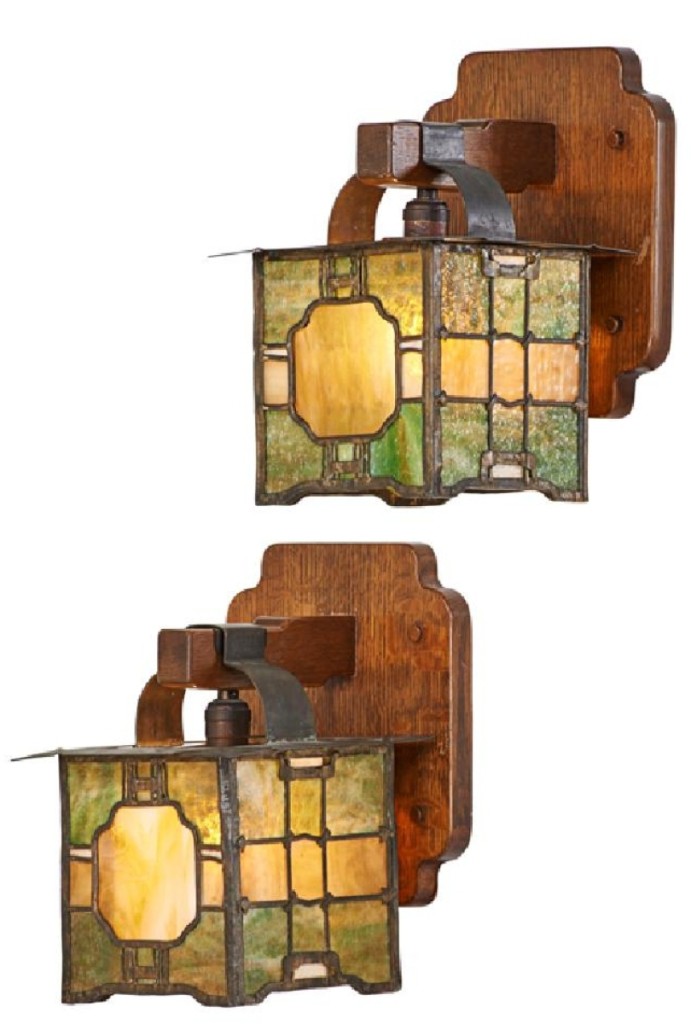 Originally from the Adelaide A. Tichner House before becoming a part of the Barbra Streisand collection, this pair of Greene & Greene leaded glass sconces was the top lot of the early Twentieth Century design section, fetching $75,000.