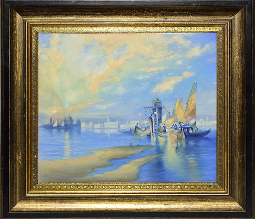 One of the top lots of the sale, this vellum glaze Rookwood plaque by Ed Diers was monumental in size, 14 by 16 inches. The harbor scene featured sailors around a shrine in the Venetian lagoon. Competing bidders brought the work to $24,200.