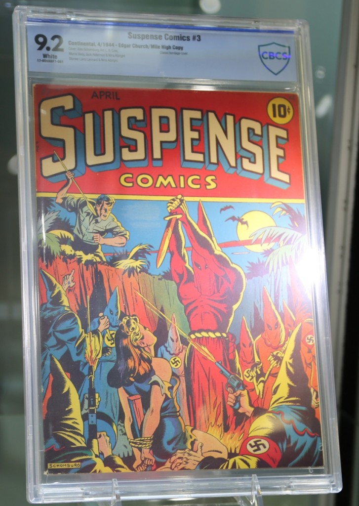 Nazis, bondage and murder fueled the bidding on the top comic book lot of the sale. In near-mint condition, Suspense Comics #3 sold for $262,900. The issue is currently at #26 on Overstreet’s top 100 Golden Age comic books.