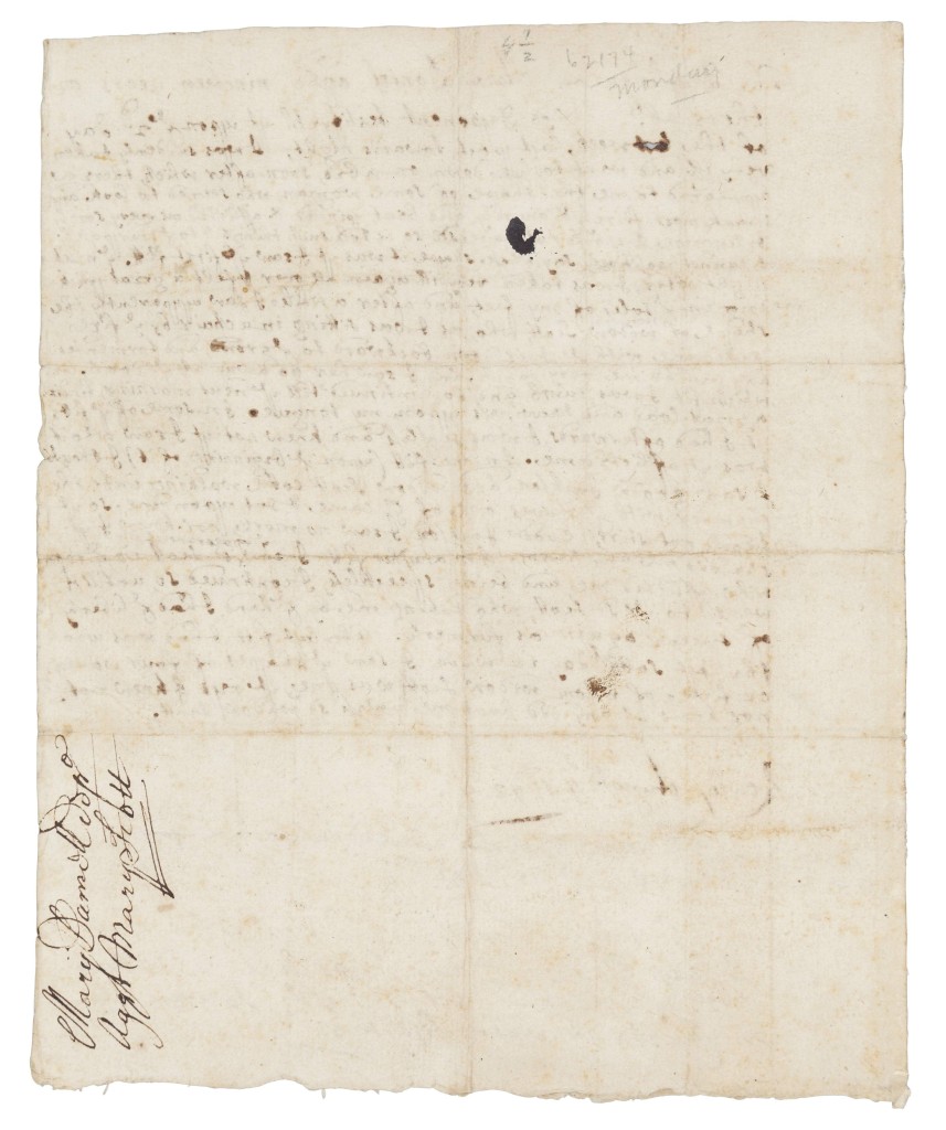     Salem Witch Trials – manuscript document, the deposition of Mary Daniel against Margaret Scott, Rowley, Mass., August 4, 1692, realized $137,500 (world auction record for Salem artifact).