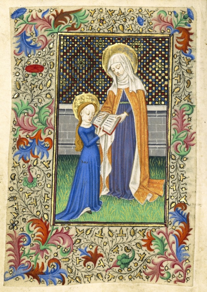 “Saint Anne Teaching the Virgin to Read,” about 1430–40, Master of Sir John Fastolf (French, active before about 1420–about 1450), tempera colors, gold leaf and ink on parchment, 4¾ by 3- inches leaf.