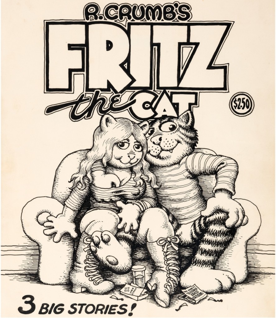 The top lot of the day, Robert Crumb’s original cover art for Fritz the Cat, published by Ballantine in 1969, went way over estimate to bring $717,000.