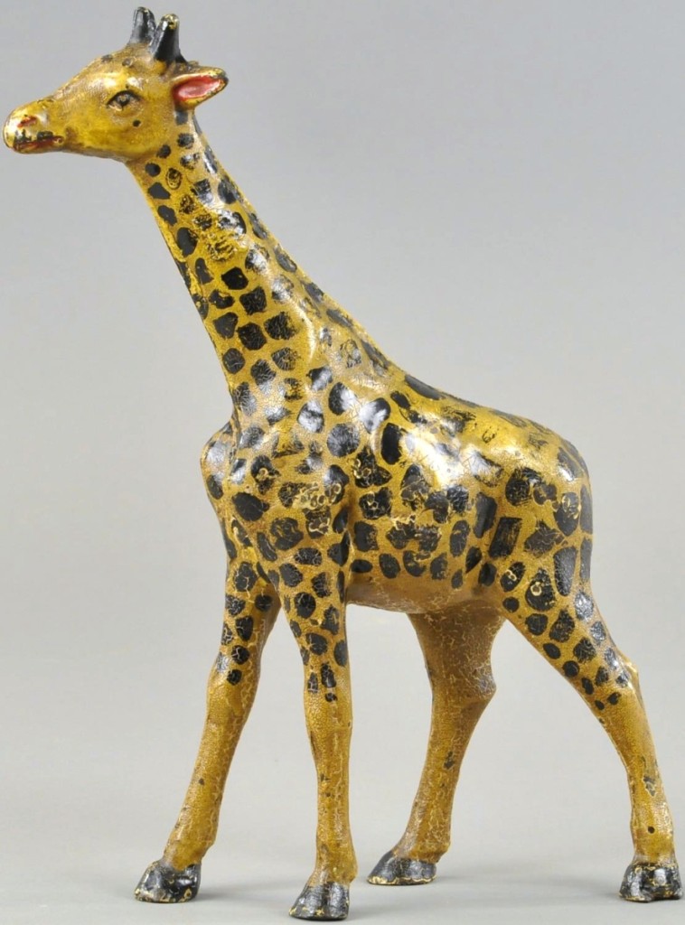 This Giraffe doorstop took honors as the highest priced doorstop in the auction, selling for $10,800 against a $3,500 high estimate. This rare example has great paint, measures 13 inches high, and is in excellent condition.