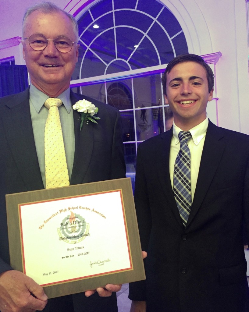 Ralph DiSaia was recently named the state’s top men’s tennis coach for the 2016-2017 season by the Connecticut High School Coaches Association. With him, right, is Hugh Sokolski, captain of the Waterford High School men’s tennis team.