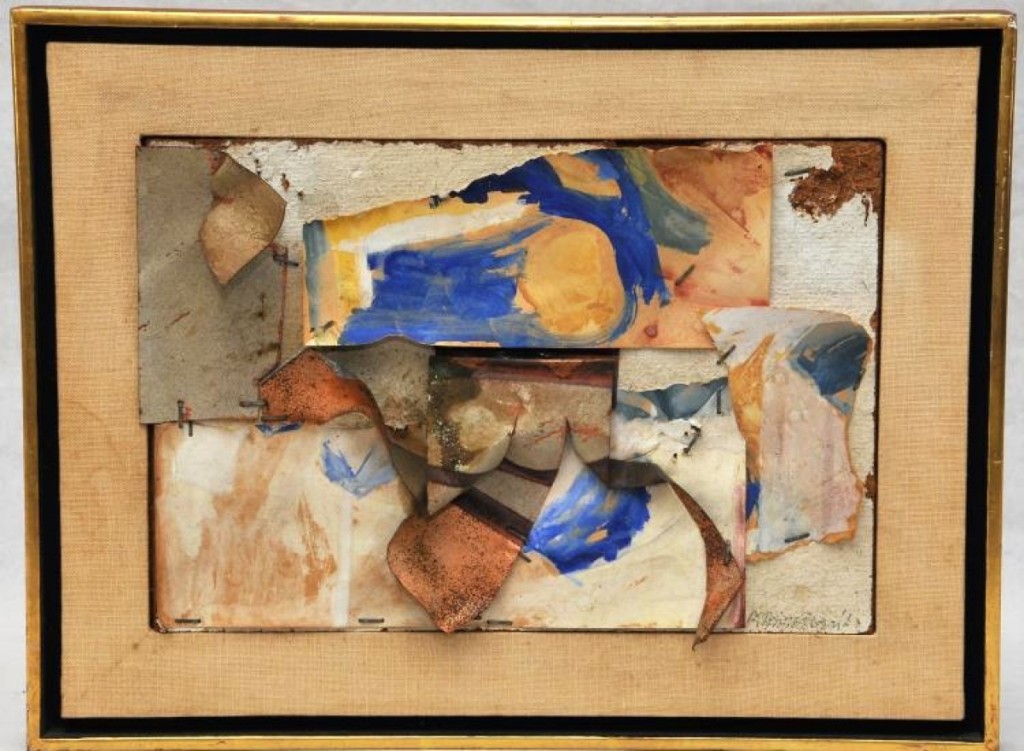 The highest priced item in the sale was this mixed media collage by John Angus Chamberlain, which brought $70,200 from a dealer in the room, who bought it for inventory. It was made of painted paper and metal mounted to fiber board with staples, and was signed and dated 1962.