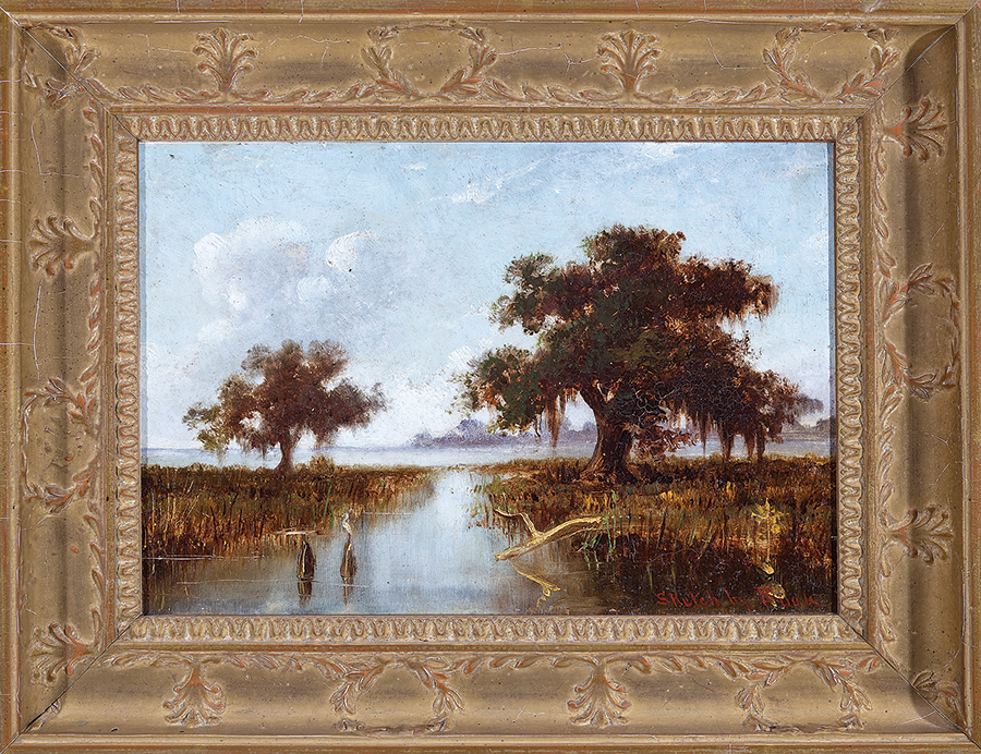 The most important Nineteenth Century regional painting in the sale was this diminutive — only 8 by 12 inches — view of a “Louisiana Bayou with Live Oak and Egret” by William Henry Buck (1840–1888), an artist of Norwegian origin who settled in the area around 1870. Once part of the D. Benjamin Kleinpeter Sr collection in Baton Rouge, the work sold for $25,620.