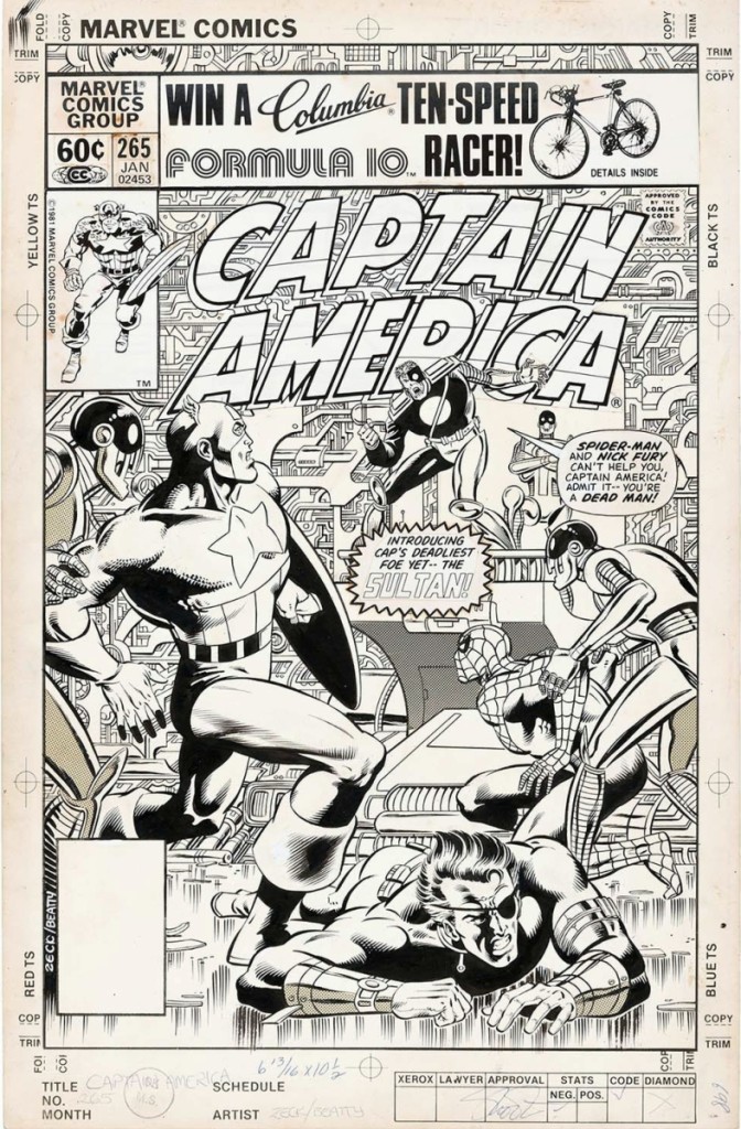 Mike Zeck’s original cover art for Captain America #265 comic book, January 1982, featuring Spider-Man and Nick Fury included a selection of 22 lots consisting of cover art and all interior story pages. In all, the collection made $35,325.