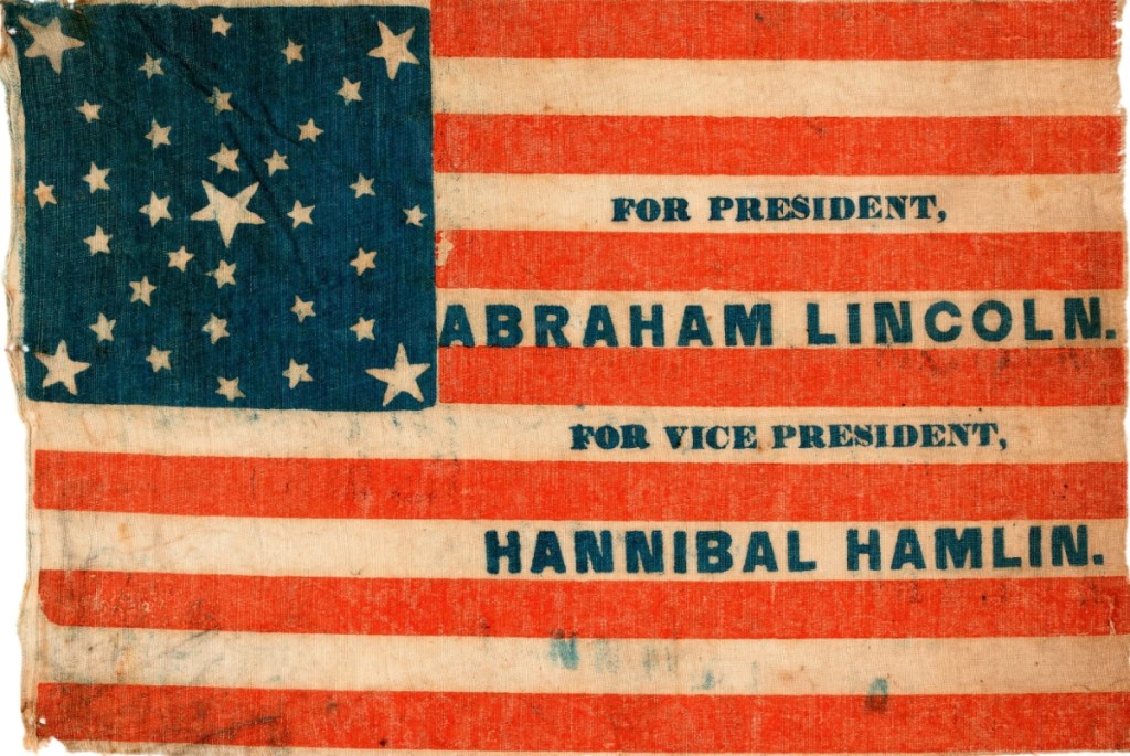 The 1860 glazed-cotton parade flag emblazoned “For President, Abraham Lincoln” and “For Vice President, Hannibal Hamlin” sold for a record $40,124.