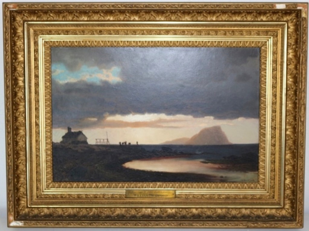 This classic William Bradford (1823–1892) oil on board, which was signed on the lower right, was titled “Near Cape St John, Labrador.” Notes from the catalog state that the painting, measuring 13½ by 20½ inches, was the property of the Colonial Club of Fairhaven, which purchased it from Mary Bradford, daughter of the artist, for $200. It was accompanied by a canceled check and the receipt, dated September 12, 1921. Bidding opened with a $5,000 absentee bid, and with lots of action from the floor and the phones, a buyer at the auction won it for $24,570.