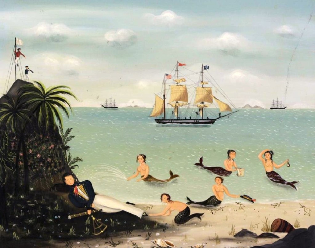 Ralph Cahoon’s humorous painting features mermaids teasing a sleeping sailor while he rests on the beach. It finished in the top three lots of the day, bringing in a solid result at $20,000.