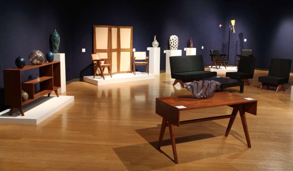 A corner of the exhibition hall reveals more Chandigarh pieces than anyone could shake a stick at. The student desk at center was one of the more affordable pieces from the group, selling for $3,750.